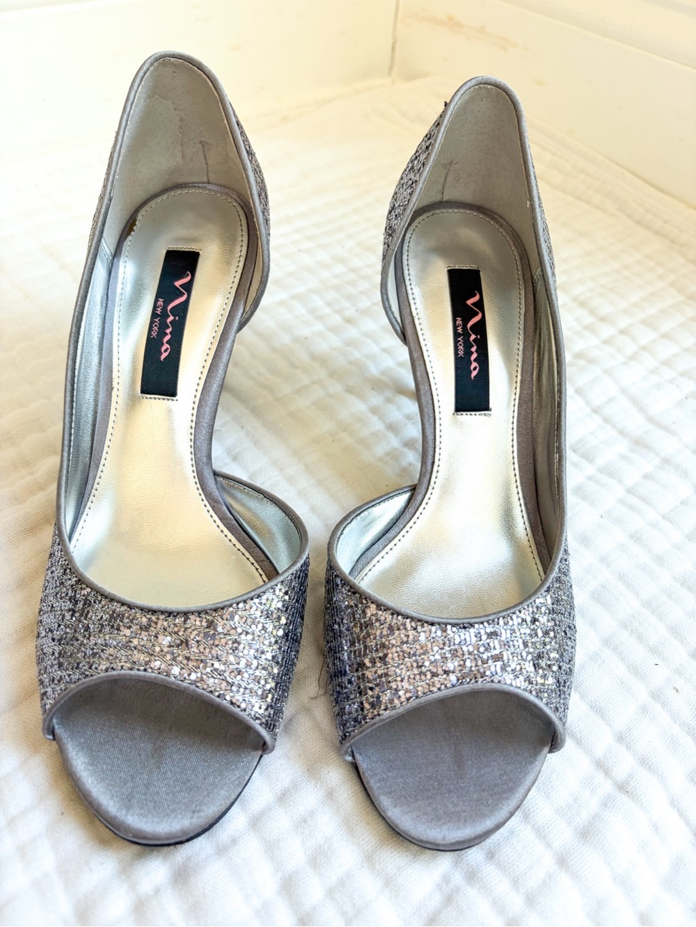 Nina Fern D’Orsay Heels 8 Silver Glitter Peep Toe Stiletto Formal - Picture 2 of 9